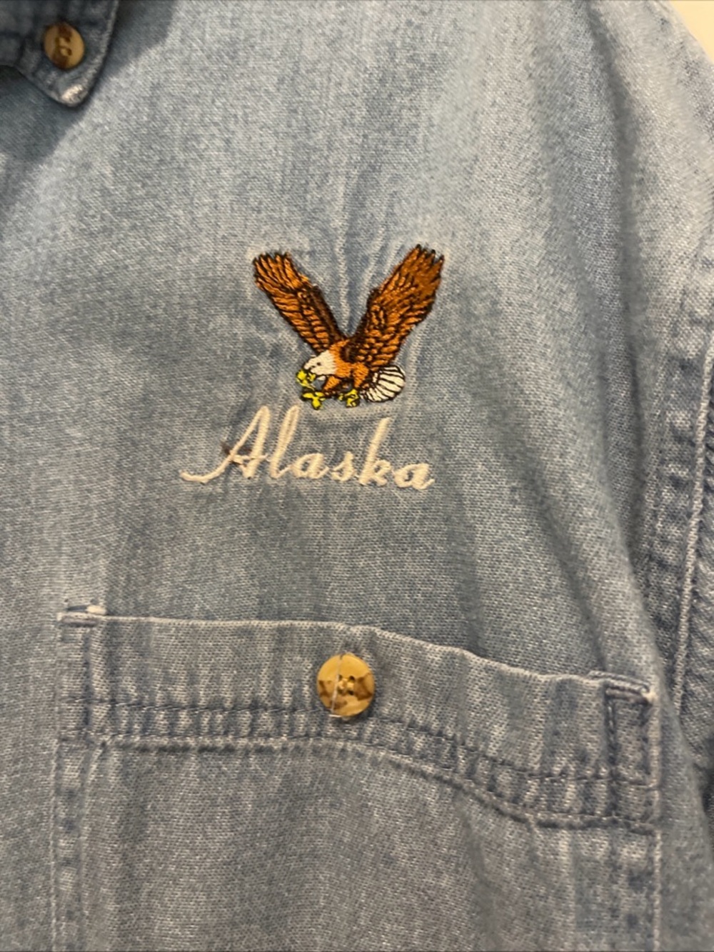 Alaskan Mens M Denim Button Up Shirt Eagle Embroidered Vintage